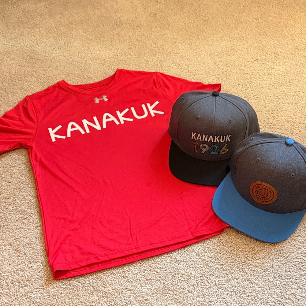 Kanakuk Lot Red Kids UA T-Shirt & Flat Billed Hats Size Medium